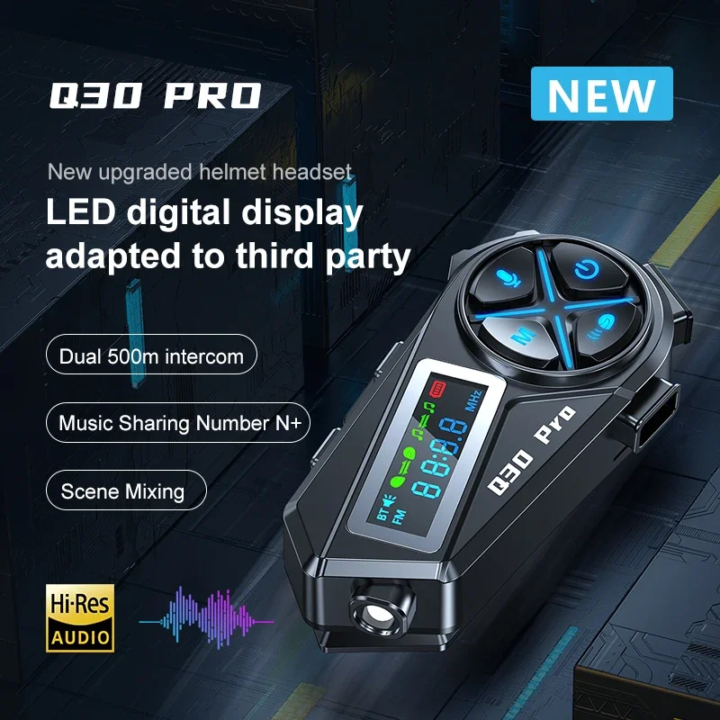 Q30 Pro Motorcycle Helmet Bluetooth Intercom Distance 500M LED High-Definition Digital Display Intercom Music Sharing Coexist