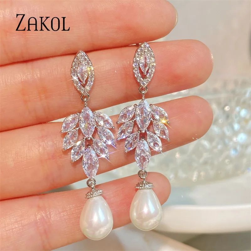 ZAKOL Elegant Cubic Zirconia Leaf Dangle Earrings for Women Luxury Imitation Pearls Bridal Earring Wedding Jewelry