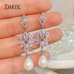 ZAKOL Elegant Cubic Zirconia Leaf Dangle Earrings for Women Luxury Imitation Pearls Bridal Earring Wedding Jewelry