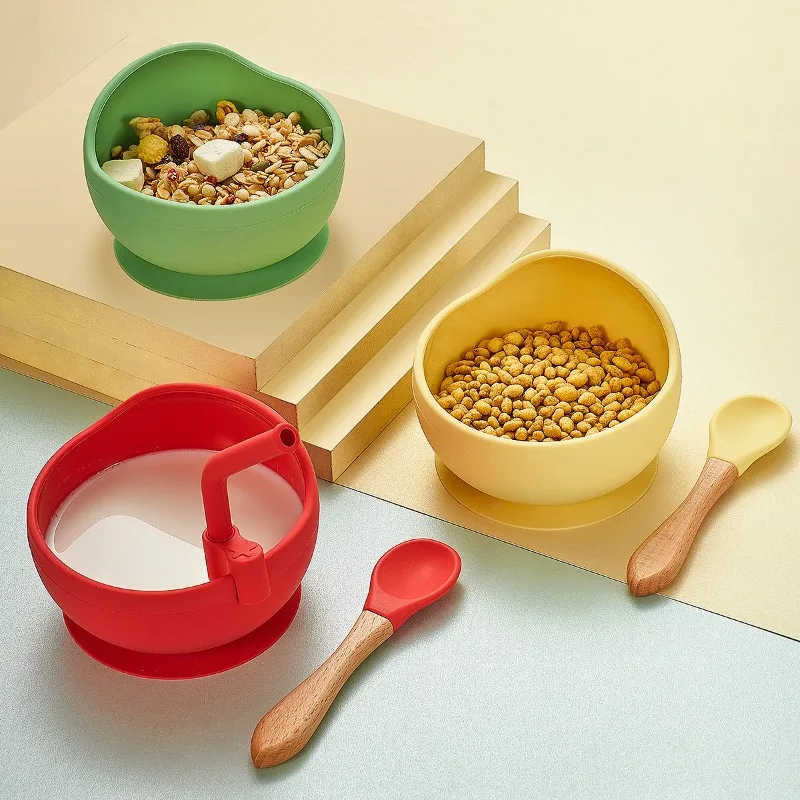 

Children Silicone Suction Cup Bowl Anti-drop Complementary Food Bowl Spoon Straw Infant Training Learning To Eat Bowl
