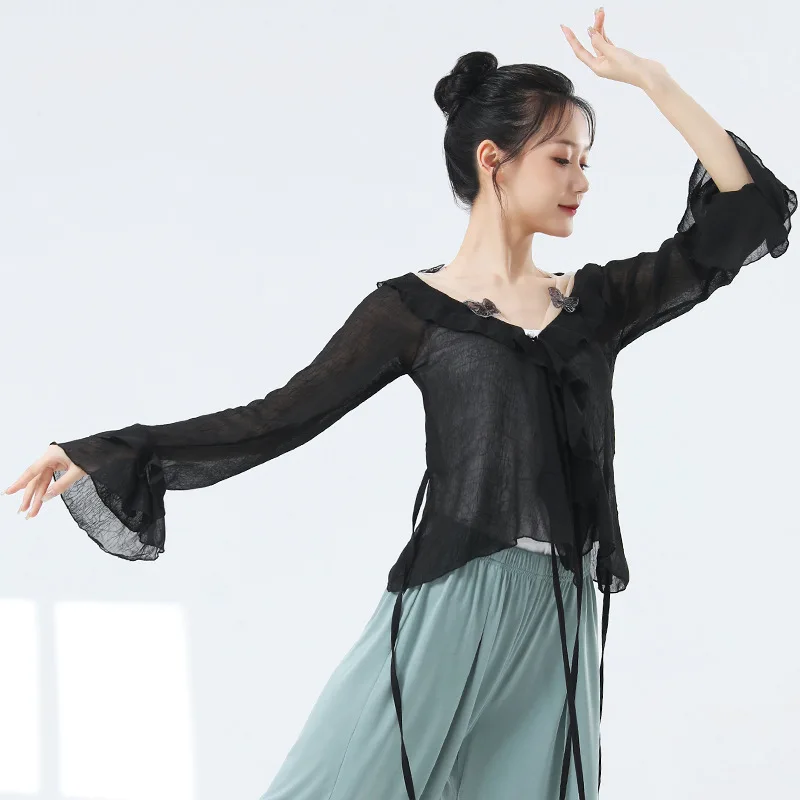 Elegant Flare Lotus Sleeve Top Women Classical Dancer Clothes Butterfly Gauze Shirt Practice Stage Outfit Chinese Hanfu Oriental