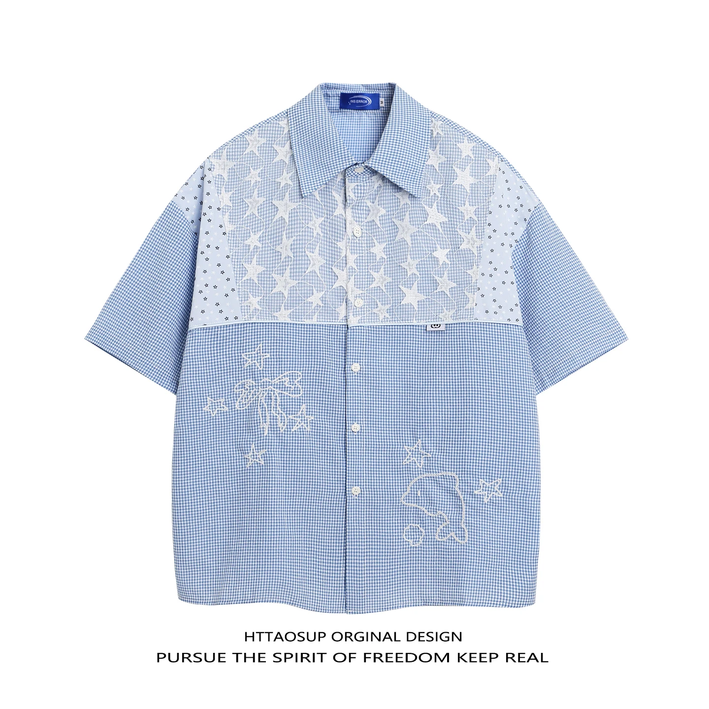

HTTAOSUP Star Embroidery Loose Casual Short Sleeve Collared Shirt Grid Pattern Summer New Style Men's Women's College Style