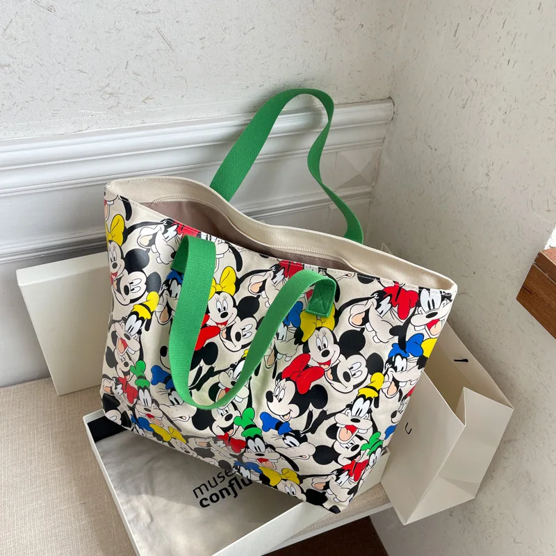 Cartoon Mickey And Minnie Printing Canvas Handbags New High Capacity One Shoulder Shopping Bags Women Cute Simple Casual Totes