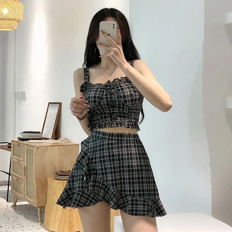 

sexy kpop plaid ruffles cross mini skirt bikinis sets two pieces with push up cropped vest swimsuit sweet beach outfits biquini