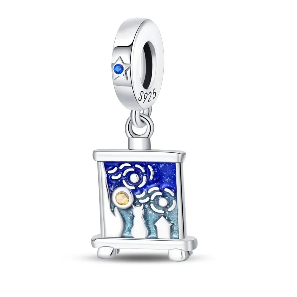 

Exquisite 925 Sterling Silver Blue Oil Painting Starry Sky Cat House Charm Fit Pandora Bracelet Women's Advertising Accessories