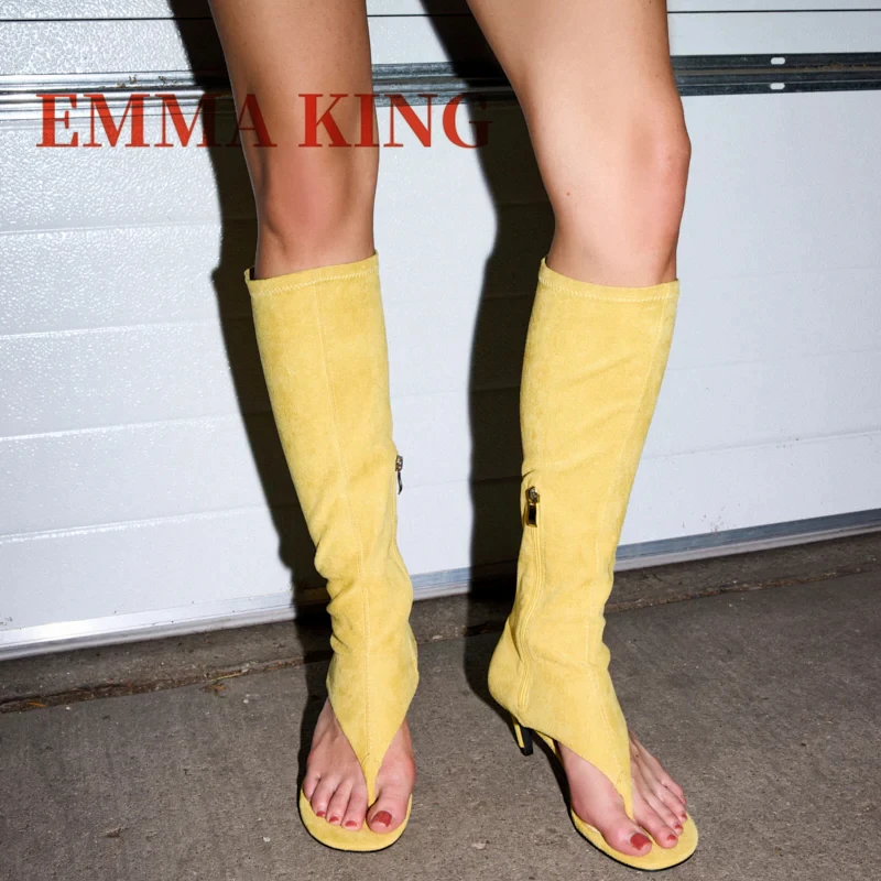 المرأة هريرة كعب ثونغ الأحذية الإناث المفتوحة تو تمتد حذاء برقبة للركبة ربيع الخريف موضة المدرج الجانب سستة الأحذية 35-43