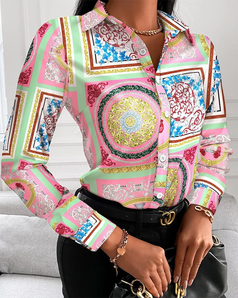 Elegant Women's Fashion Blouse 2023 Spring/Summer Digital Print Shirt Commuter Slim Fit Office Female Tops S-XXL