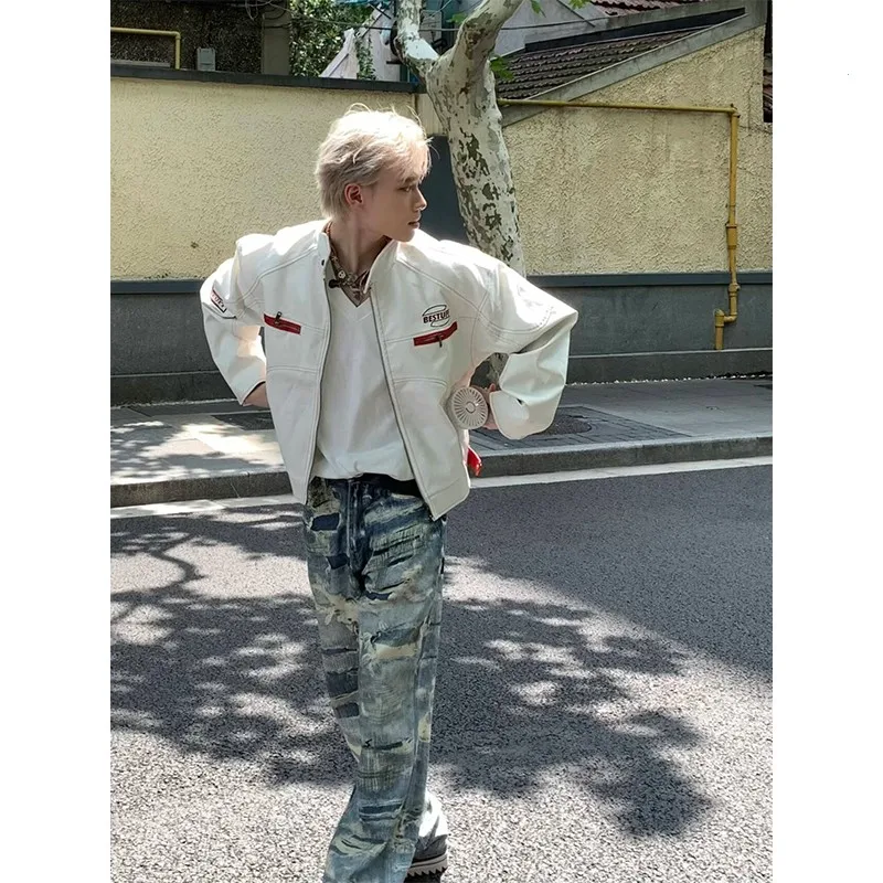 سترة جلدية للسباق من American High Street للرجال من Street Sle فضفاضة ومطرزة راقية ومطرزة للدراجات النارية للشباب #1