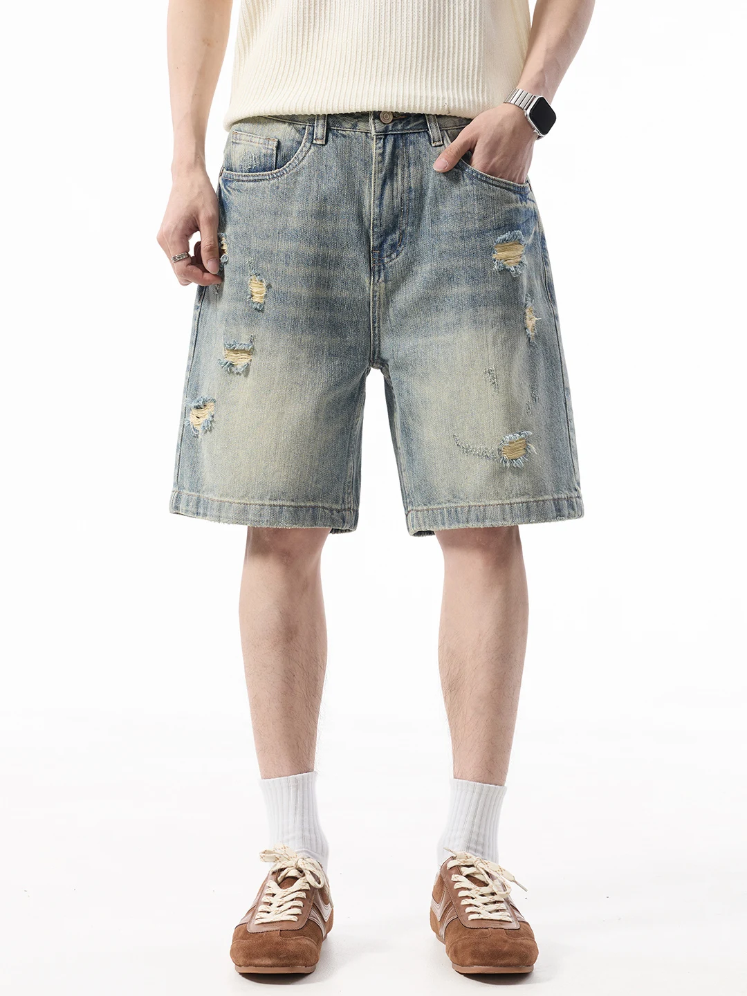 

Retro American Hole Denim Shorts Men's Summer Thin Casual Loose Straight Leg Five-Point Middle Waist Jeans Spring Wear