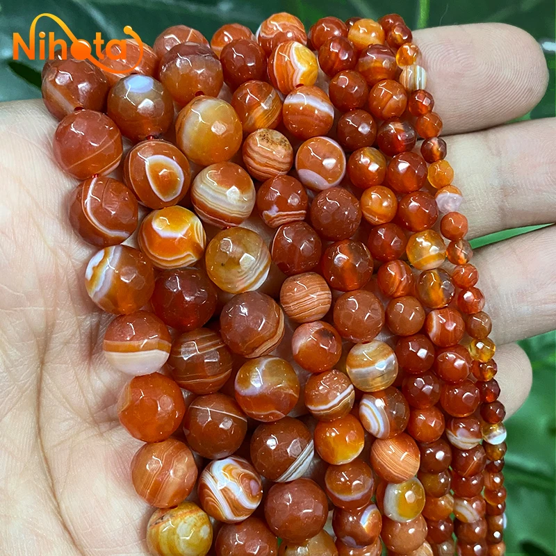 Natuurlijke Rood Gestreepte Agaten Onyx Kralen Gefacetteerde Ronde Losse Kralen 4/6/8/10/12Mm Diy Armband Oorbellen Sieraden Maken 15 ''Streng