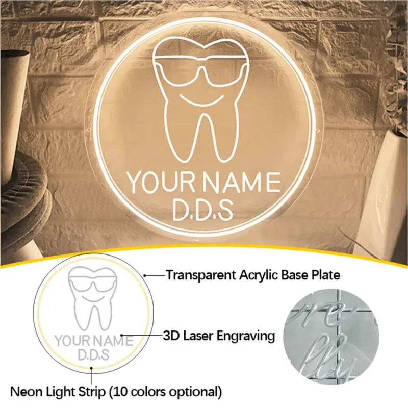Niestandardowy neonowy znak biura dentysty Sklep z z zębami Dom Kobieta Dziewczyny Wystrój pokoju Dekoracja ścienna Rzeźba 3D Znak Led Świecące