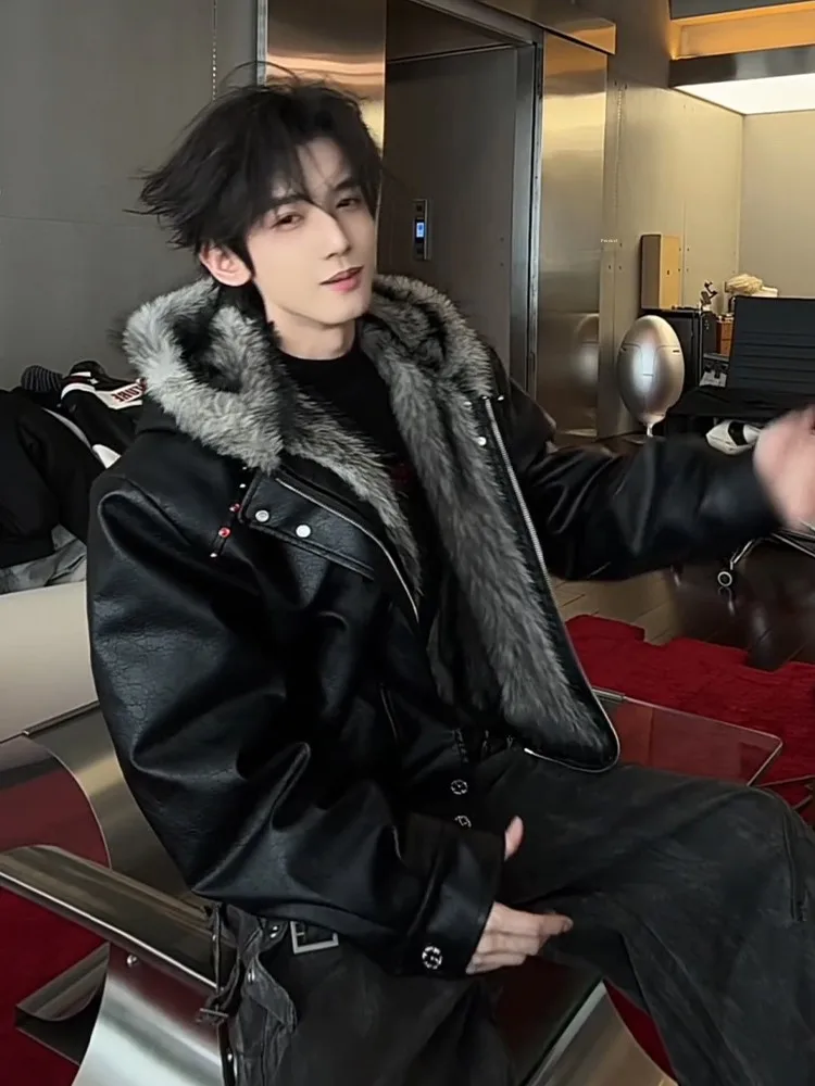 

American Sle Men's Bla Hooded Leather Jaet Thiened Floing Cotton Coat with Fur Collar Winter Warm Casual Jaet