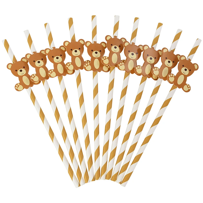 10-20pcs Cartoon Bear Straws Disposable Drinking Paper Straw Baby Shower Supplie Kids 1st Boy Girl Birthday Party DIY Decoration