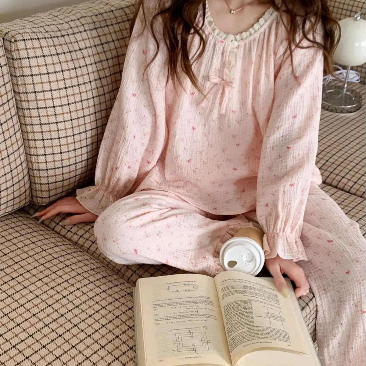 

Pure Cotton Pajamas for Women, Long-sleeved Trousers, Sweet Girly Floral Double-layer Cotton Gauze Home Wear Set