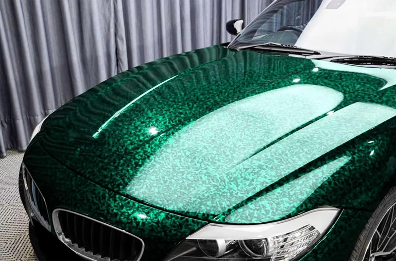 Premium PET Glossy Green Forged Carbon Fiber Vinyl Wrap Roll DIY Self Adhesive Decal Film Automotive Car Wrapping Foil