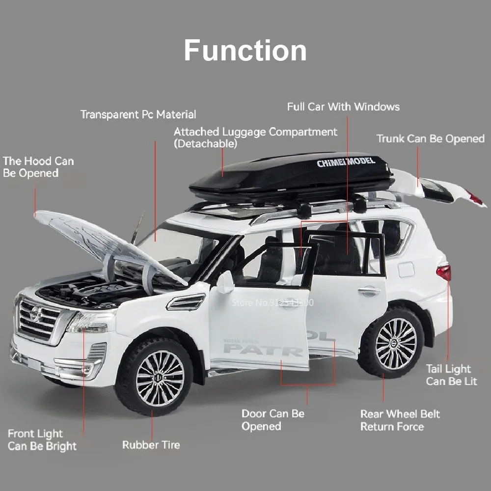 Modèle de voiture de patrouille en alliage moulé sous pression pour enfants, véhicule tout-terrain, simulation du son et de la lumière, dos nervuré, jouets de carrosserie en métal, échelle 1/32