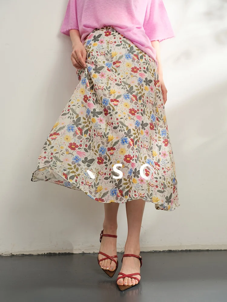 

OWNSONG Artistic Print Silk Linen Floral f Skirt Women Summer Drifting A-Line Long Skirt High Waist Casual Sle for Ladies