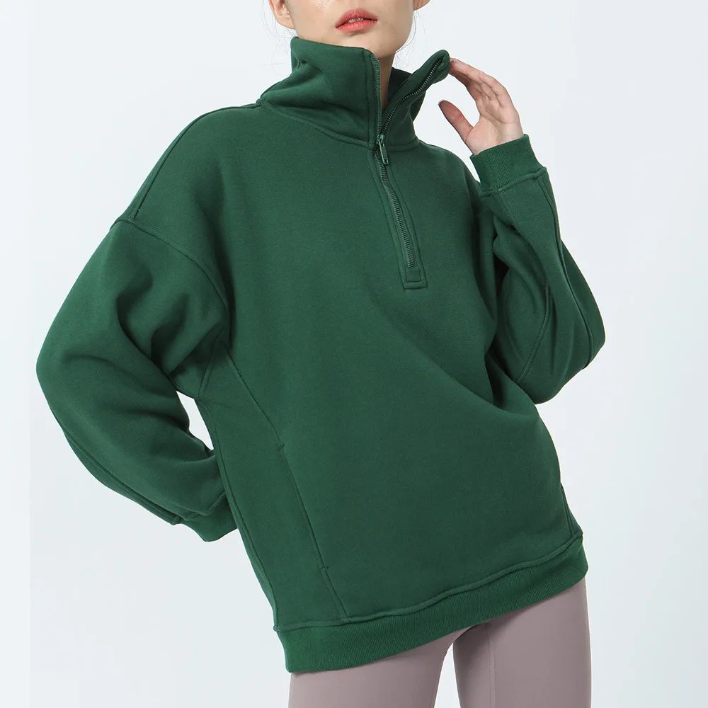 

Yoga coat with brand logo women high quality winter warm hoodie half zip high neck windproof pullover loose pullover thickened