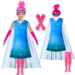Trolls Poppy Cosplay Costume Kids Girls Flower Print Princess Dress With Mesh Cloak+Wig For Toddler Carnival Halloween Birthday