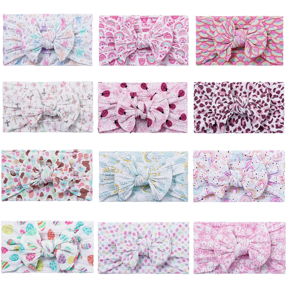 Floral Print Baby Bow Headband, Cable Knit Wide Nylon Turban Head Wraps Baby Shower Gift KIds Girls Hair Accessories