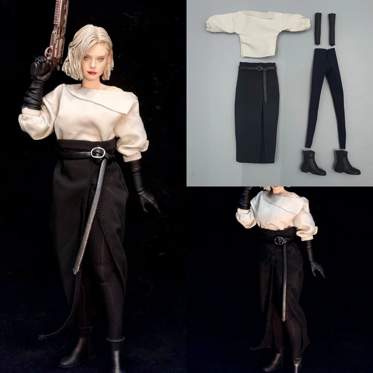 

【Clothing Only】Handmade 1/12 White Shirt Black Dress Belt Stocking Clothing Set For 6inchs NOTTAA/CFAction Figures Body