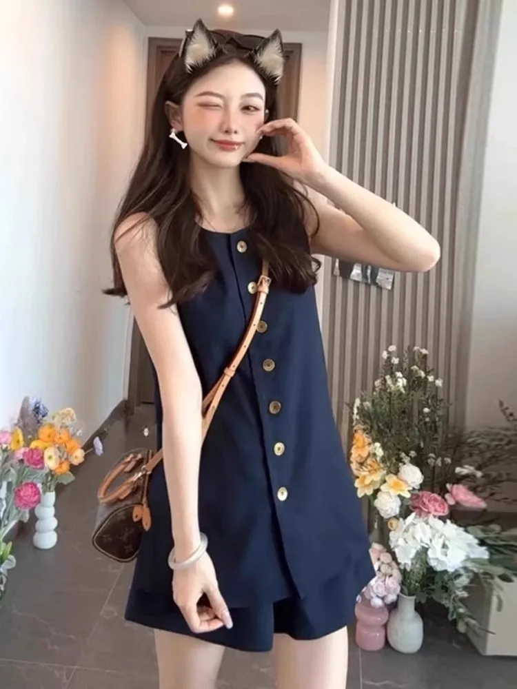 

Summer Cute Pants Set Women's Sleeveless Single Button Top Short Shorts Two Piece Set Youthful Pure Color Fashionable Ensemble