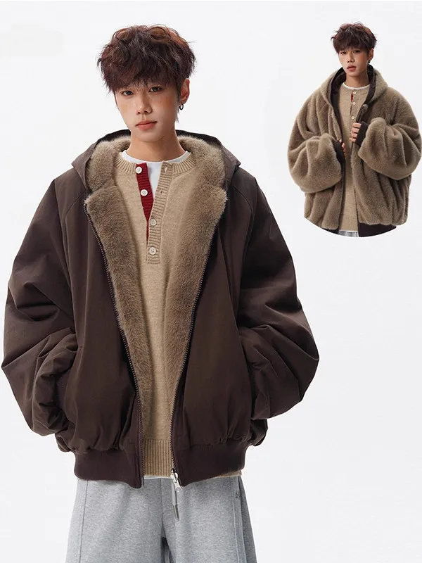 

Куртка TANGZ Studio двусторонняя, в американском стиле, из искусственного кроличьего меха, хлопковая, теплая, с капюшоном, в стиле ретро, молодежная модная верхняя одежда