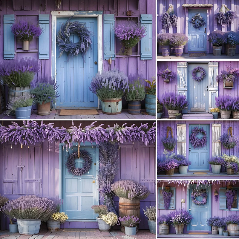 Sfondo fotografico LS Decorazioni per ritratti di adulti Ghirlanda di lavanda viola Porta blu Sfondo da parete a strisce in legno Studio fotografico