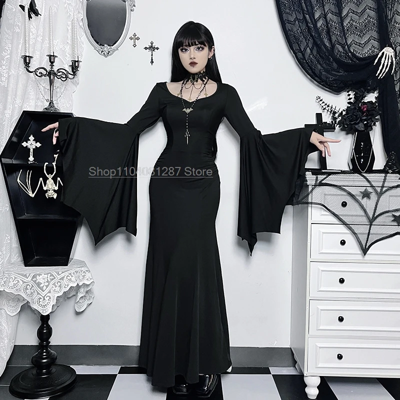 Morticia Jurk Addams Gothic Vrouwen V-Hals Lange Jurk Casual Lange Batwing Mouw Cosplay Kostuum Slim Fit Feest Club Kleding