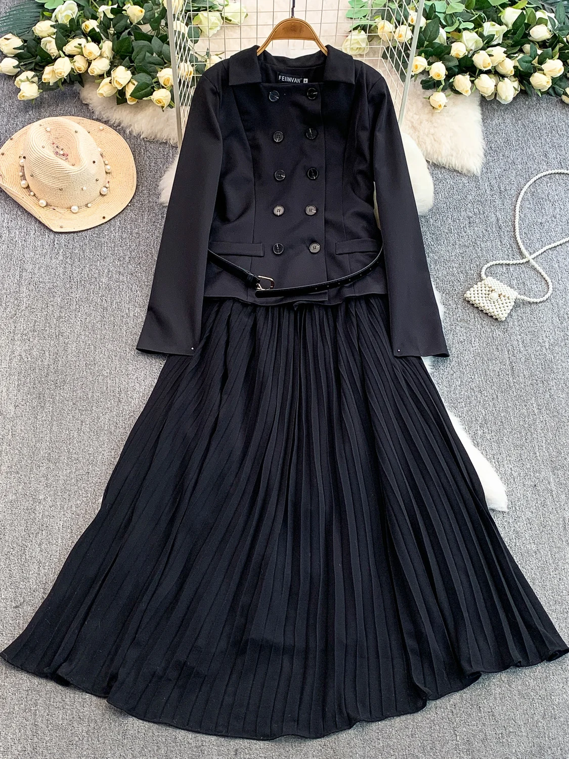 Hebe Sle Vintage Double-Breasted Kraag Dr vrouwen Herfst Winter Belted Afslanken Plaid Lange Rok Ci Pendelen A-lijn