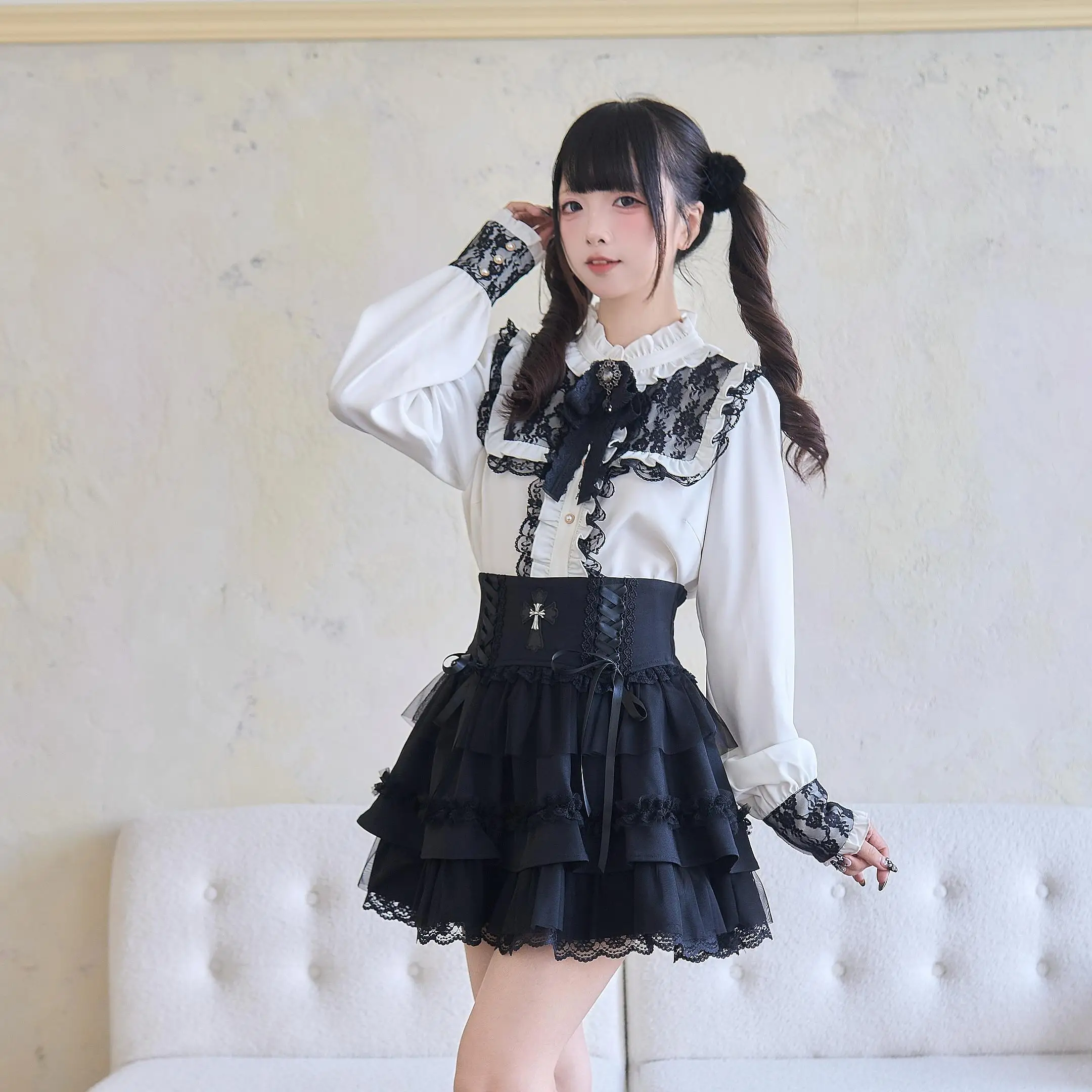 Japanese Mines Style Mass-produced Ruffles Stand Collar Bow Long Sleeve Single-breasted Sweet Lolita Shirt Top Women Spring 2025