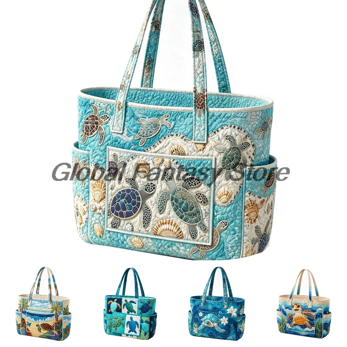 Sea Turtle Seashell Floral Ocean Print Quilted Tote Bag Multiple Pockets Shoulder Handbag Women Daily Shopping Bags