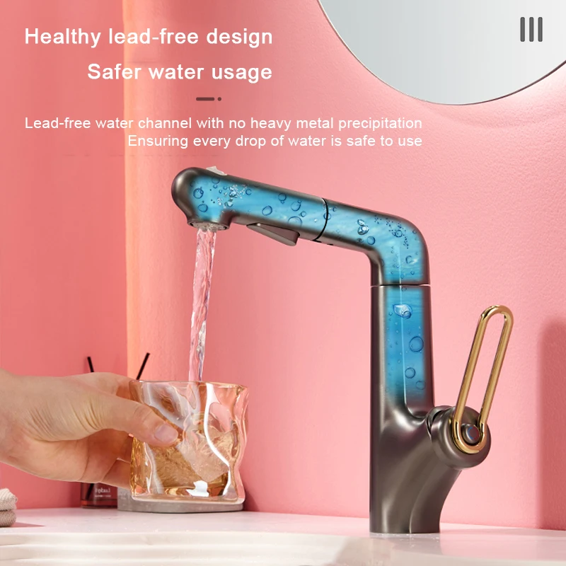 Brass Main Body Modern Multifunctional Hot & Cold Deck Mount Pull-out Faucet Ceramic Valve Core Bathroom Hot Cold Water Faucet