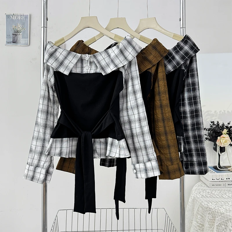 

Gagarich Korean One Shoulder Patchwork Fake Two-piece Long Sleeve Checkered Shirt Women Autumn 2025 Slim Waist Short Lace Up Top