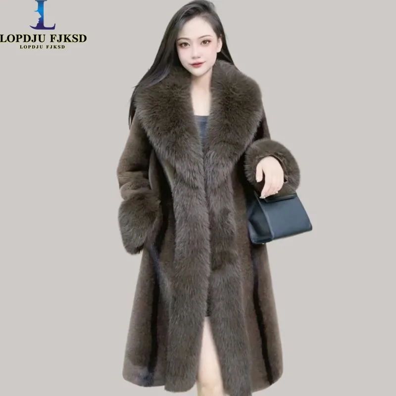 Faux Fur Coat for Women, Long Jacket, Thick Warm Clothes,Fox Fur Collar,Spliced, Korean, Autumn and Winter, 2024