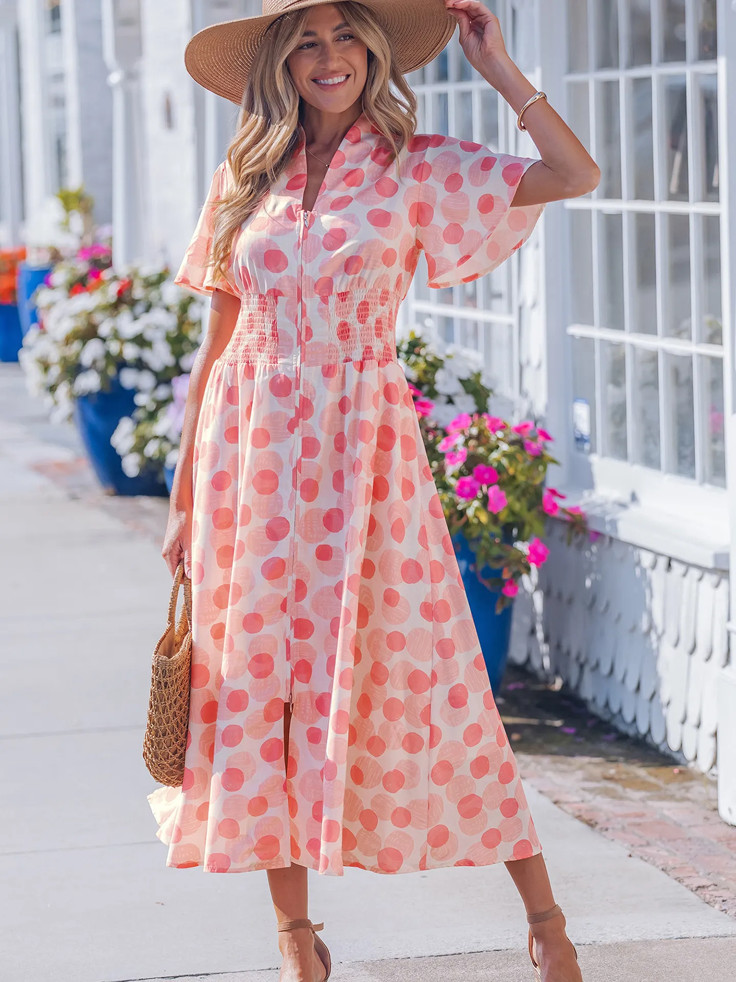 DearLover Summer New Polka Dot Print High Waist Long Dress Women's Zipper Front Opening Short Sleeve Dress Vacation Style