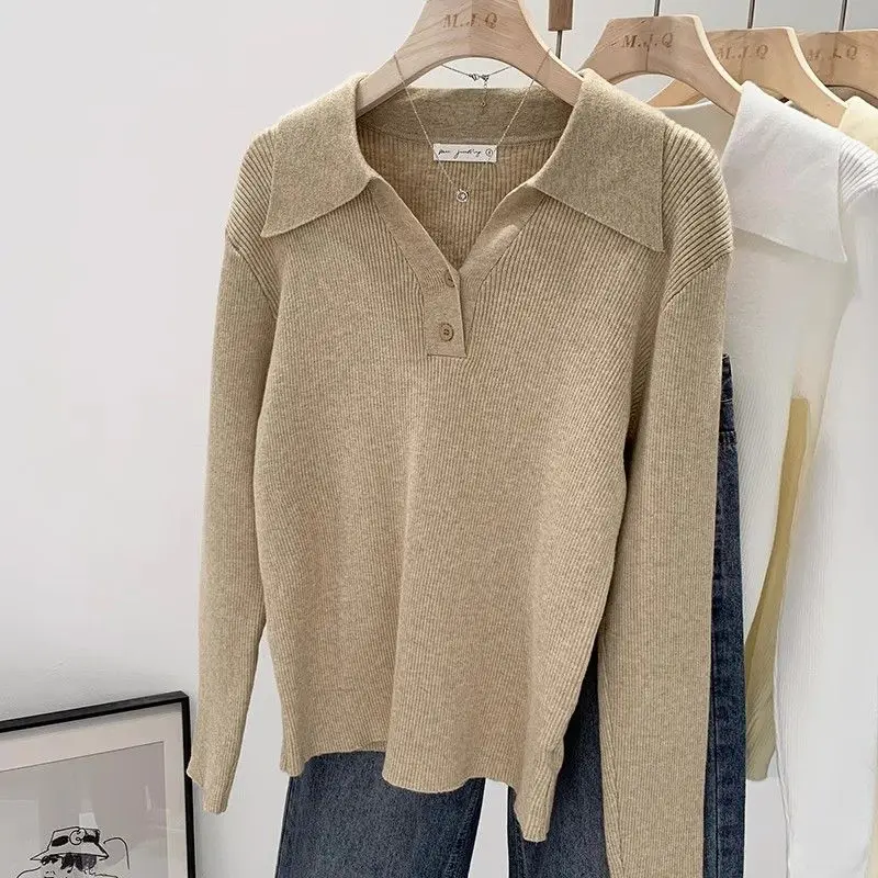 Women\'s Clothing Basic All-match Polo Collar Pullovers Autumn Winter Casual Loose Long Sleeve Sweaters Elegant Chic Button Tops