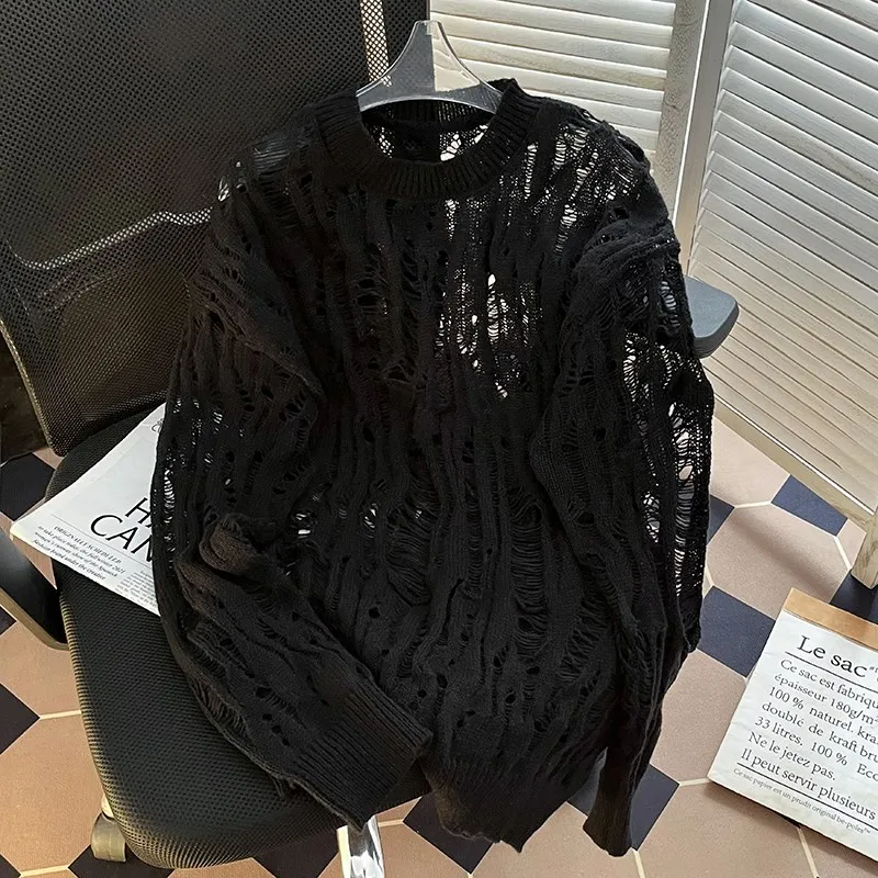 

Повседневный свободный мужской вязаный ажурный накладной свитер, универсальный ленивый вязаный чехол с дырочками, летний молодежный активный слэ