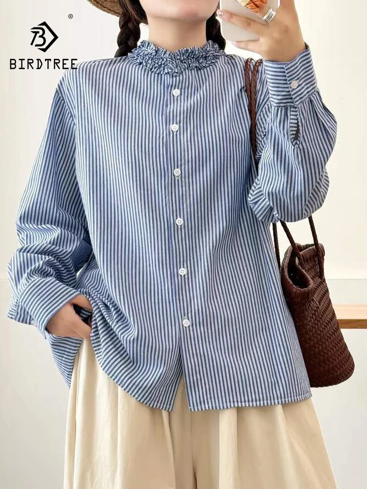 

New 2025 Winter Cotton Long Sleeve Shirt, Women Ruffled Striped, Mori Girl OL French Design Preppy Style Loose Blouse T5N990CC