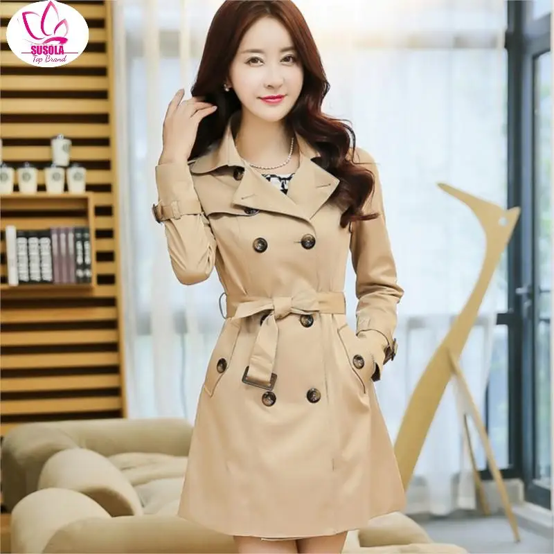 

SUSOLA Brand Europe Itay Lady Autumn Female Classic Double Breasted Long Trenchcoat England Luxury Women Pea Coat