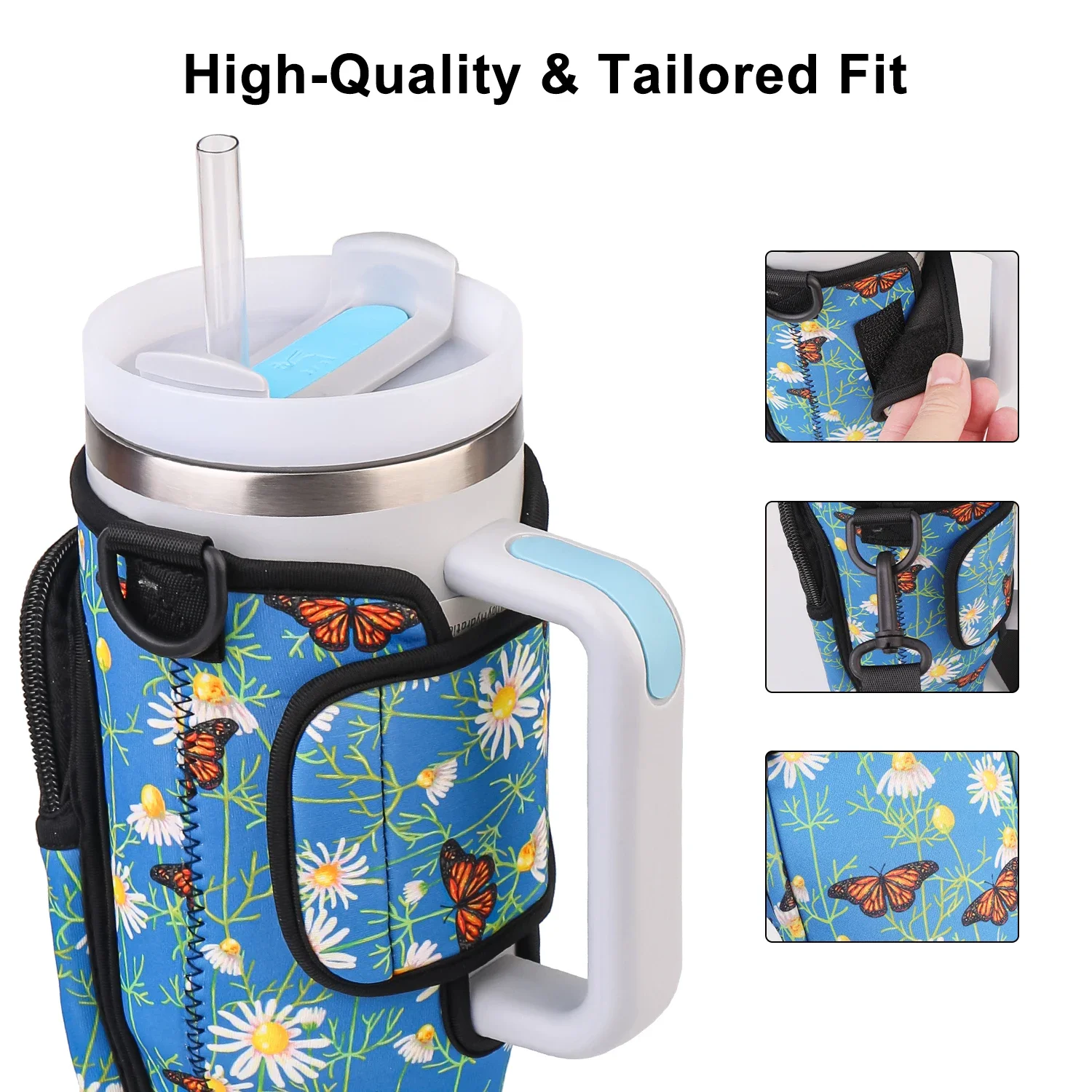 Kawaii Daisy Tumbler Bag for Stanley Cup 40oz Accessories Cute Water Bottle Carrier Bag with Adjustable Strap Cup Holder Pouch