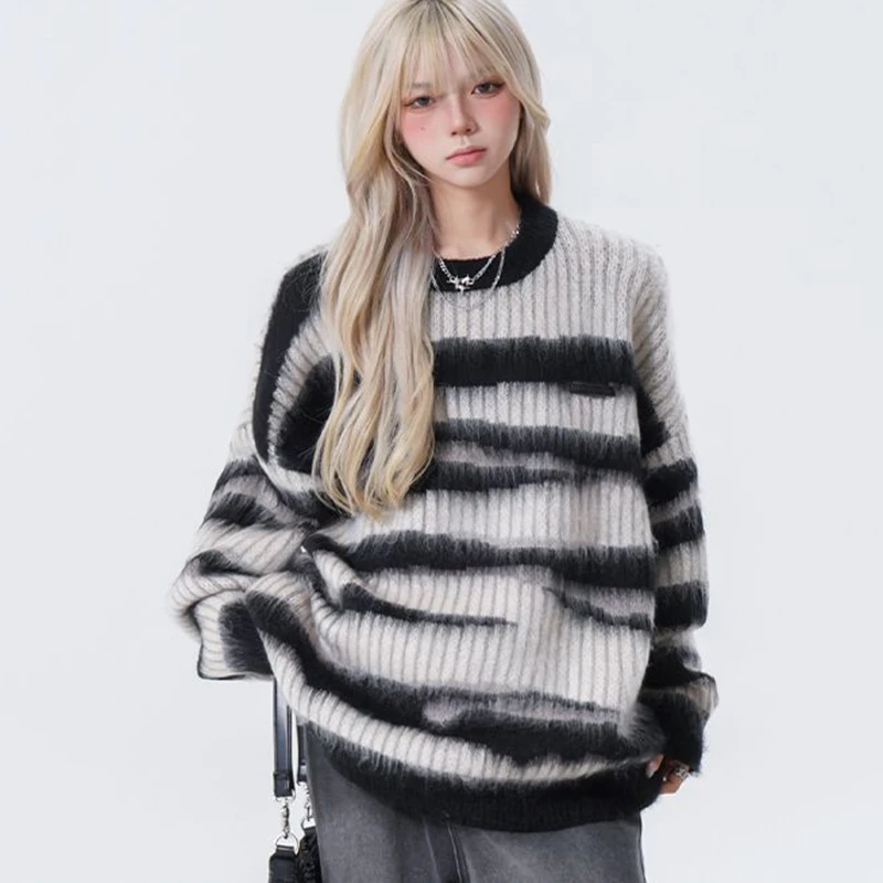 Harajuku Streetwear Oversized Stripe Sweater Women Goth Punk Long Sleeve Knitted Pullover Woman Autumn Winter Warm Jumper Mujer