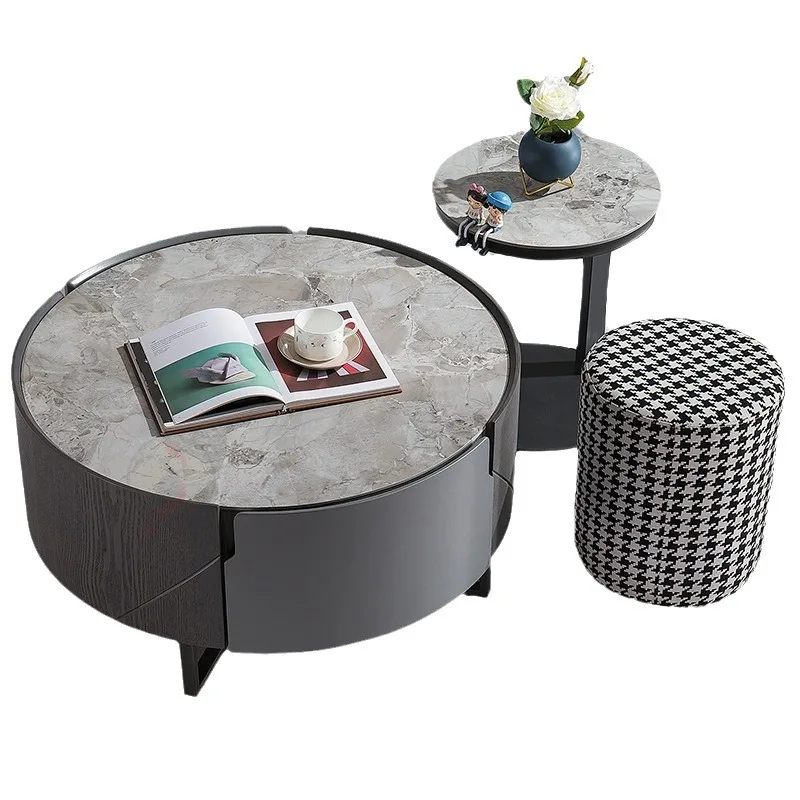 

Marble light luxury round table with drawers for storage