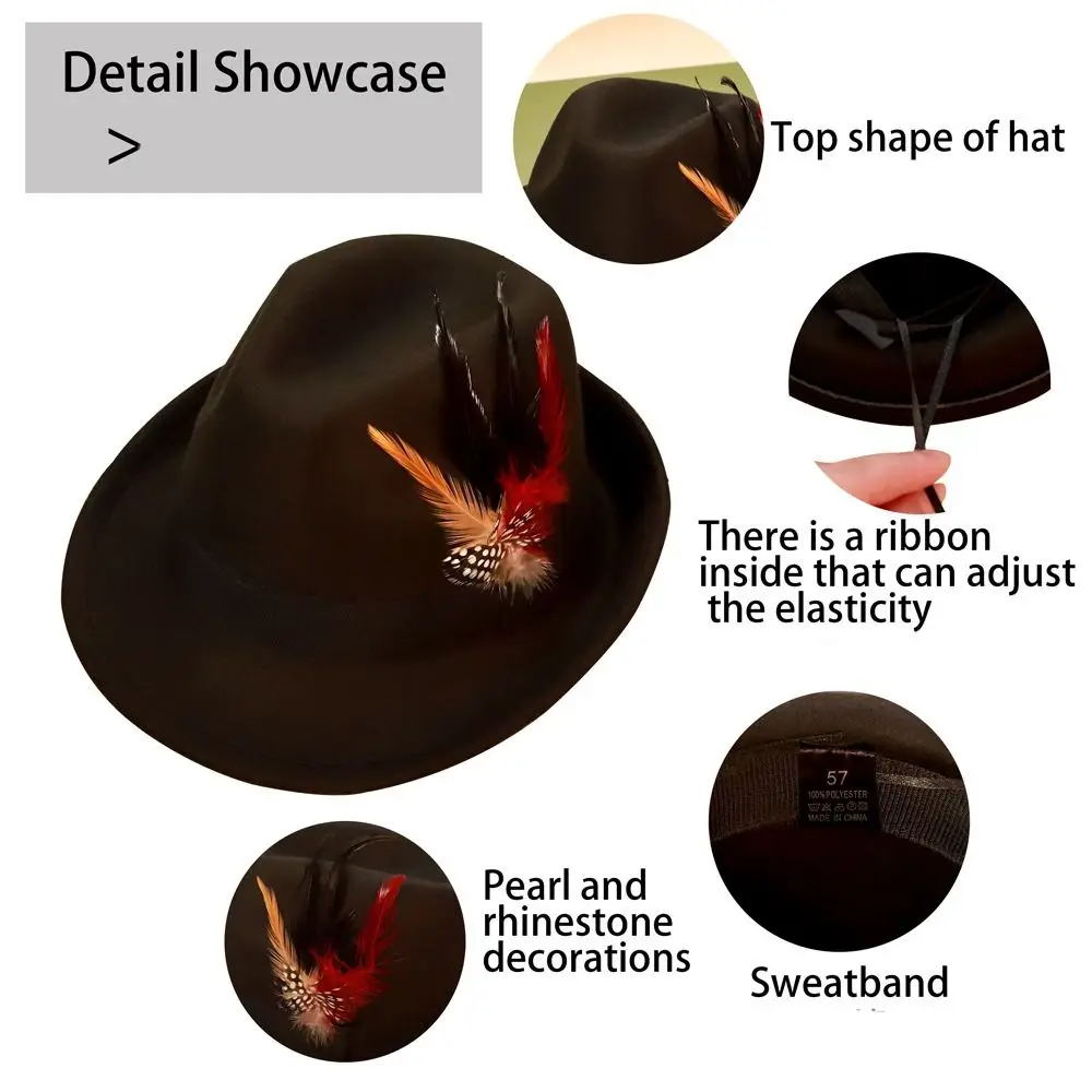 Casual Dress Up Feather Decors Fedora Hat Fedora Hat Panama Bucket Hat Woolen Vintage Jazz Hat Cowgirl Party Decorations