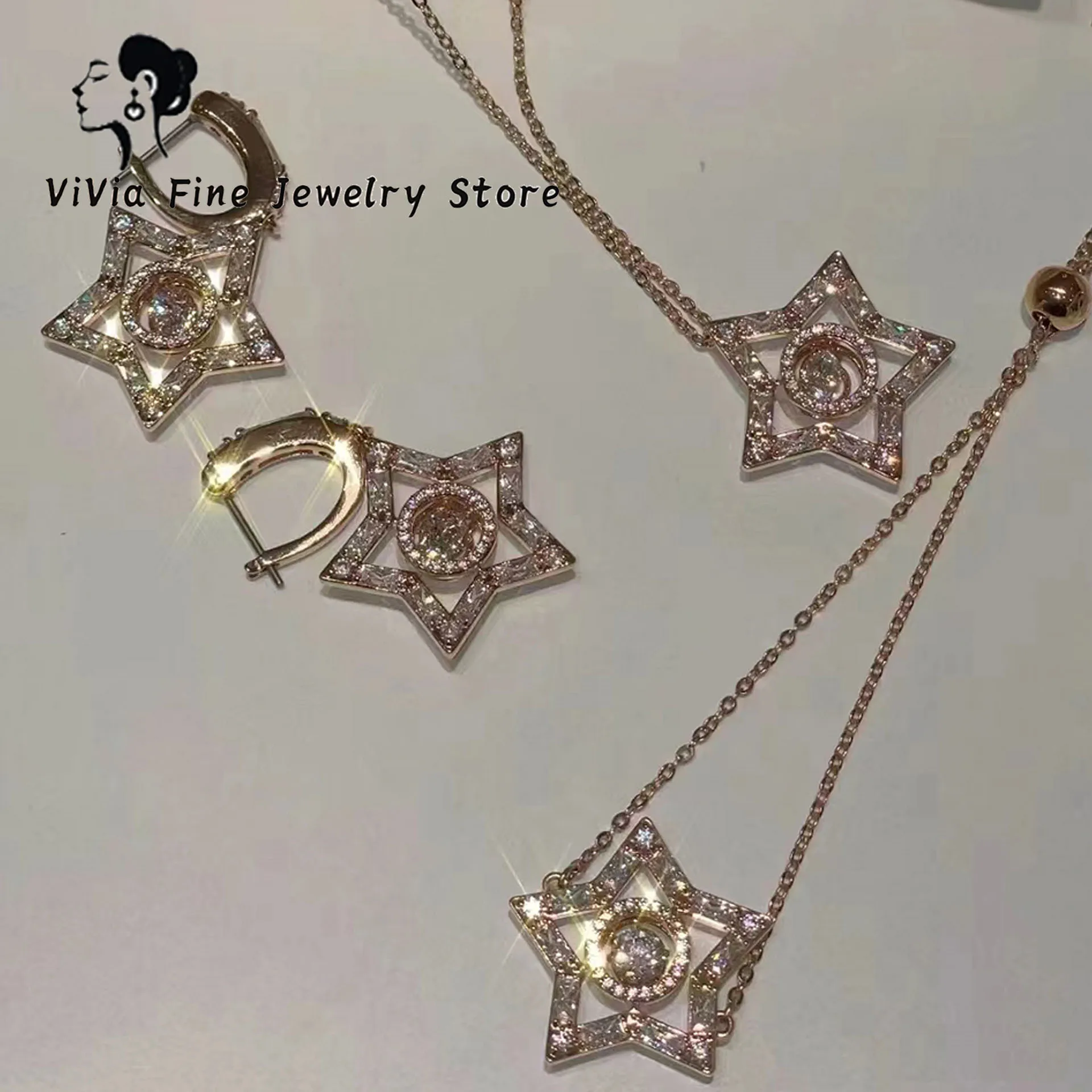 Original 2024 Trendy High-end Jewelry Sets for Women Sparkling Triangle Charm Star Necklace Earrings Bracelet Ring Free Shipping