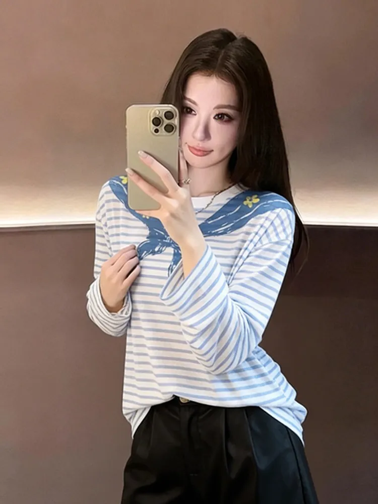 

Loose Long Sve T-irt Women's Korean Sle Navy Collar Print Stripes Casual Spring New Sle Slimming Versatile Top