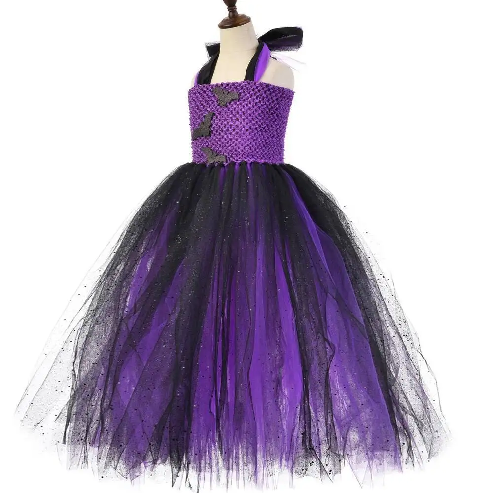 Twinkle Spider Bat Halloween Costumes for Girls Sparkly Purple Black Witch Long Tutu Dress for Kids Full Length Carnival Outfit