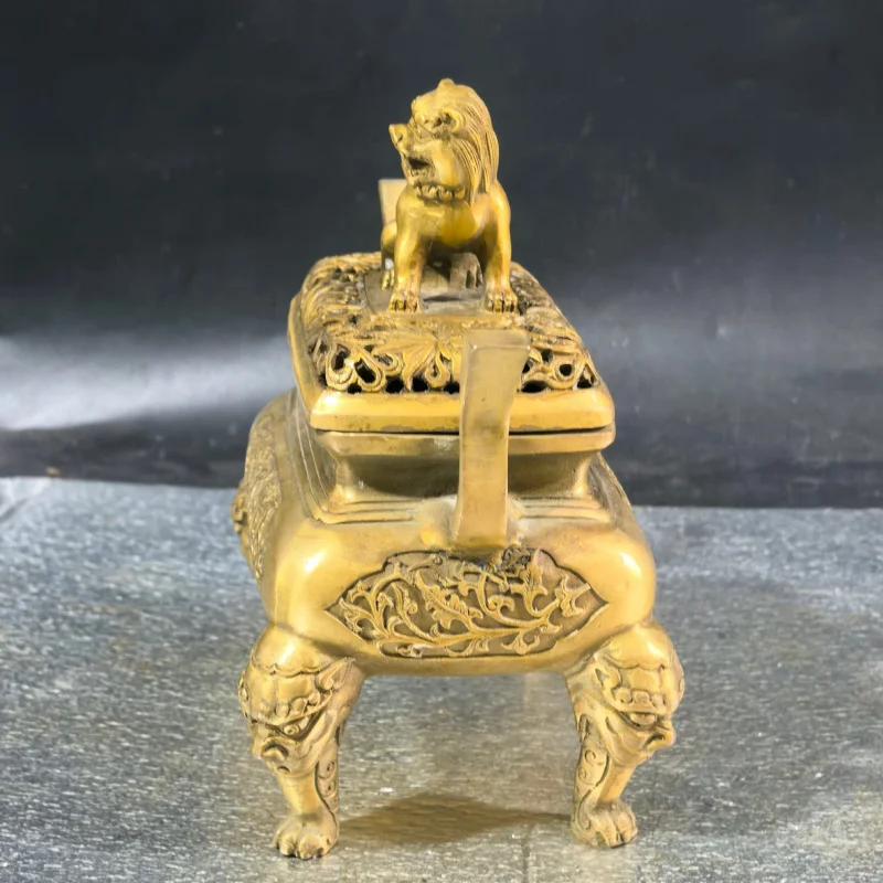 Pure brass square long-eared lion incense burner, home and office desk decoration craft ornament