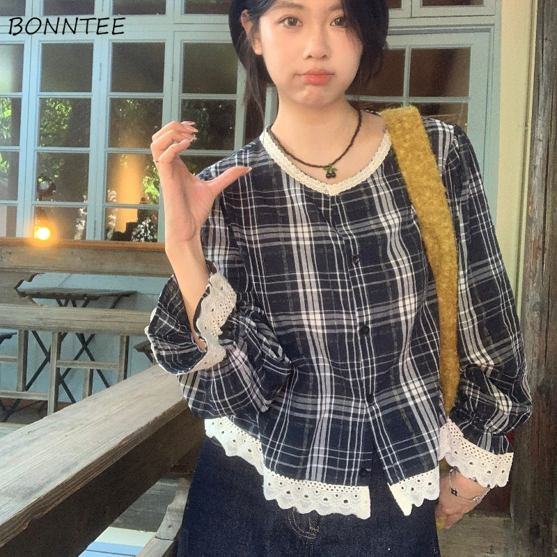 Shirts Women O-neck Lace Design Age-reducing All-match Plaid Flare Sleeve Tops Sweet Spicy Girls Ins Korean Fashion Autumn Mujer