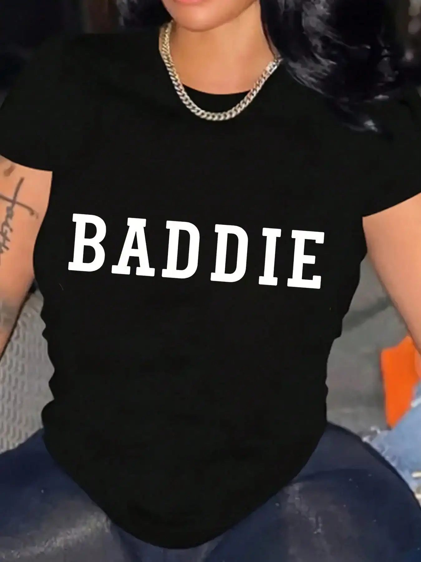 

Women BADDIE Design Graphic T-Shirt Plus Size Short Sleeve Tees For Outdoors Activities And Casual Wear, 220g